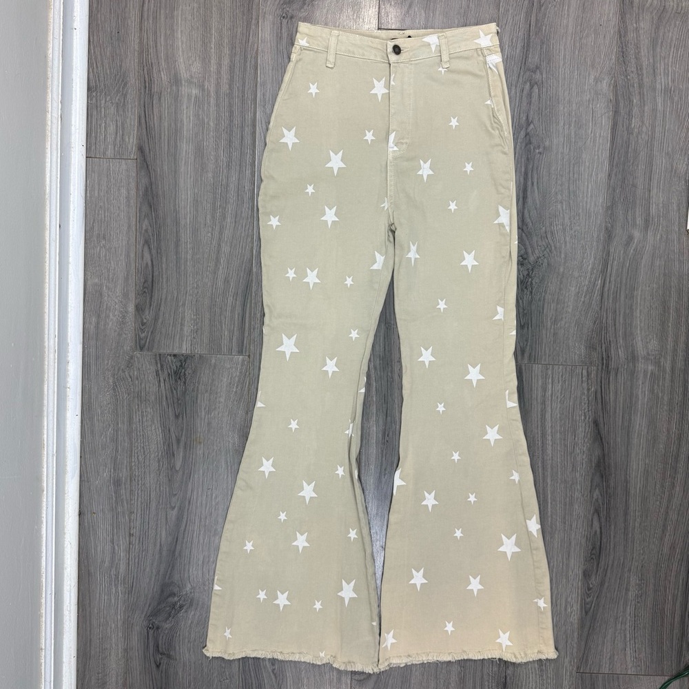 Nasty Gal Jeans Womens 8 Long Cream High‎ Rise Flare Stars Y2K Festival *READ